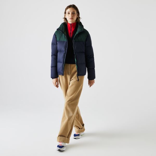 Lacoste Stand-Up Collar Concealed Hood Colourblock Short Jacket - Bunda Dámské Tmavě Blankyt Blankyt